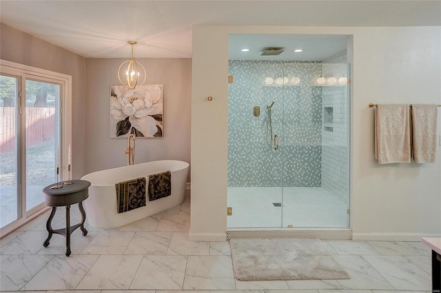 121 Country Club Pl, Belleville, IL 62223 - full bathroom with marble finish flooring, a freestanding bath, a stall shower, baseboards, and recessed lighting