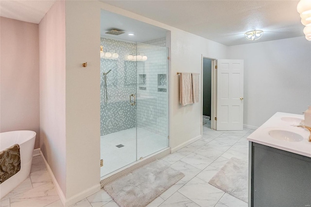 121 Country Club Pl, Belleville, IL 62223 - bathroom with marble look tiles, a shower stall, a soaking tub, and baseboards