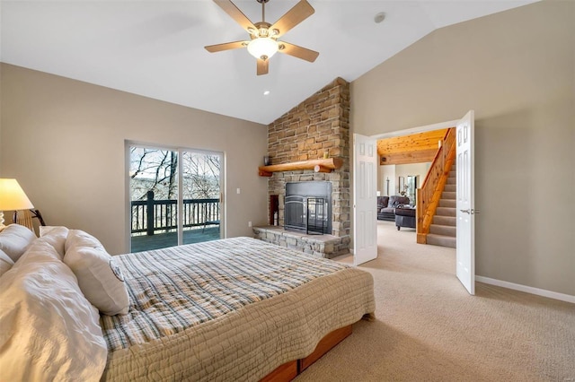 12054 Anthonies Mill Rd, Bourbon, MO 65441 - bedroom with access to outside, carpet, high vaulted ceiling, a fireplace, and baseboards