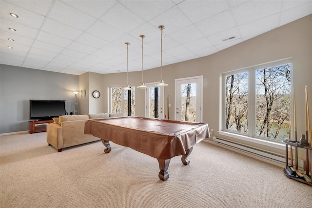 12054 Anthonies Mill Rd, Bourbon, MO 65441 - game room with carpet flooring, a paneled ceiling, a baseboard radiator, pool table, and baseboards