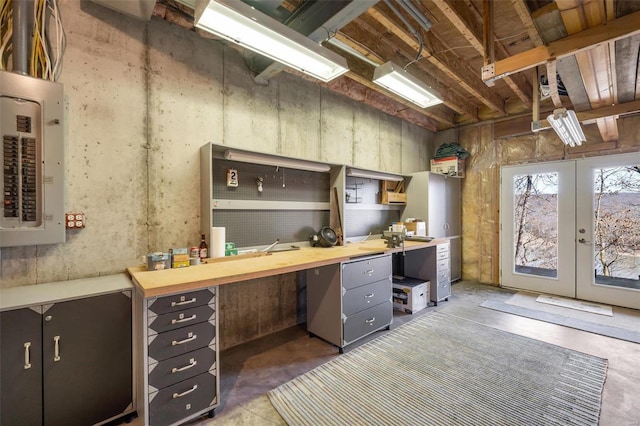 12054 Anthonies Mill Rd, Bourbon, MO 65441 - office area with concrete flooring, french doors, and electric panel