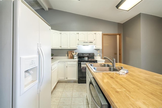 kitchen with white fridge with ice dispenser, electric range, a sink, under cabinet range hood, and wooden counters