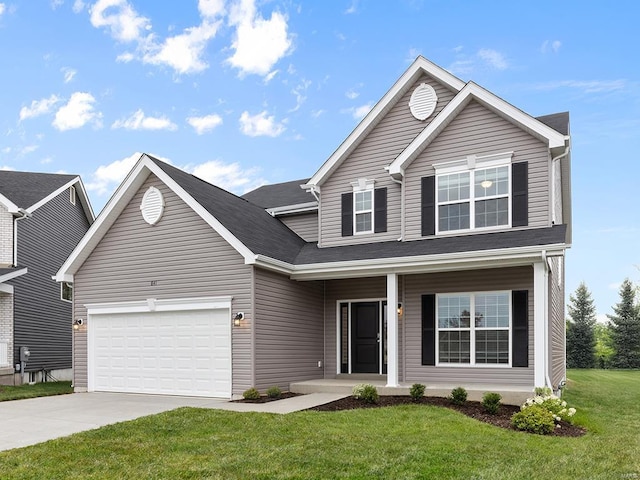 317 Winding Bluffs Ct, Fenton, MO 63026 - traditional-style home with driveway, covered porch, a garage, and a front lawn