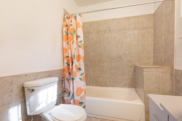 204 S Railroad St, Medora, IL 62063 - full bathroom with tile walls, toilet, shower / bathtub combination with curtain, wainscoting, and vanity