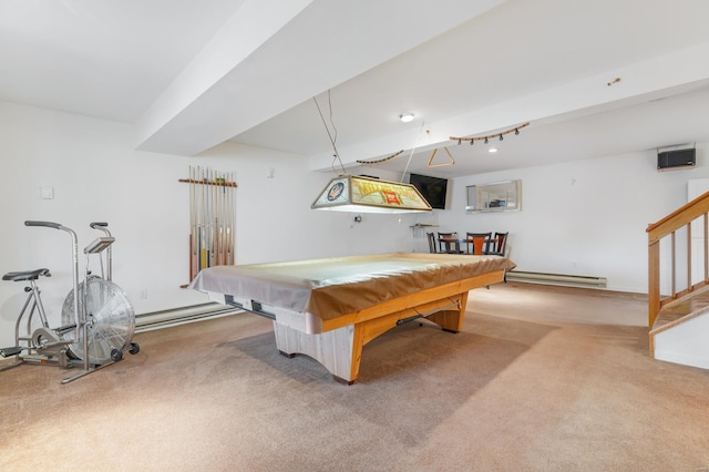 game room with carpet flooring, a baseboard radiator, and pool table