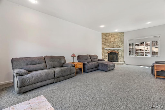 956 Long Bow Dr, Marthasville, MO 63357 - living area featuring carpet, recessed lighting, baseboards, and a fireplace