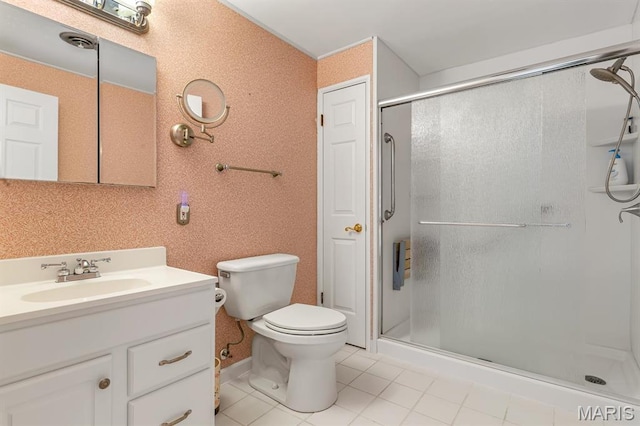 956 Long Bow Dr, Marthasville, MO 63357 - bathroom with a shower stall, toilet, vanity, and tile patterned flooring
