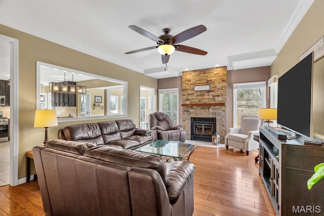 1972 Sugar Hollow Ct, Marthasville, MO 63357 - living room featuring a ceiling fan, wood-type flooring, a stone fireplace, and crown molding