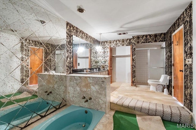 32 Briarcliffe Dr, Collinsville, IL 62234 - full bathroom with vanity, a shower with door, a tub, and tile walls