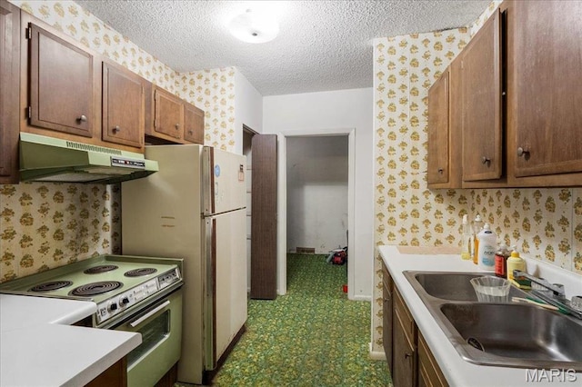 32 Briarcliffe Dr, Collinsville, IL 62234 - kitchen featuring under cabinet range hood, white appliances, wallpapered walls, a textured ceiling, and light countertops