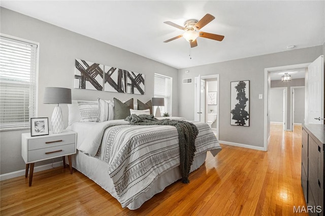 5816 Jamieson Ave, Saint Louis, MO 63109 - bedroom with baseboards, light wood-type flooring, ensuite bath, and a ceiling fan