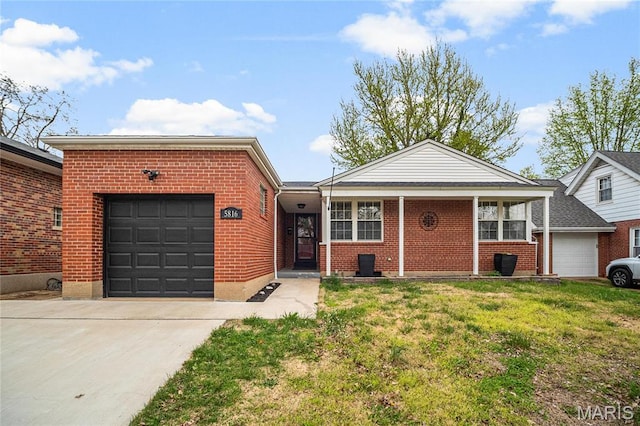 5816 Jamieson Ave, Saint Louis, MO 63109 - ranch-style house with a garage, brick siding, a front lawn, and driveway