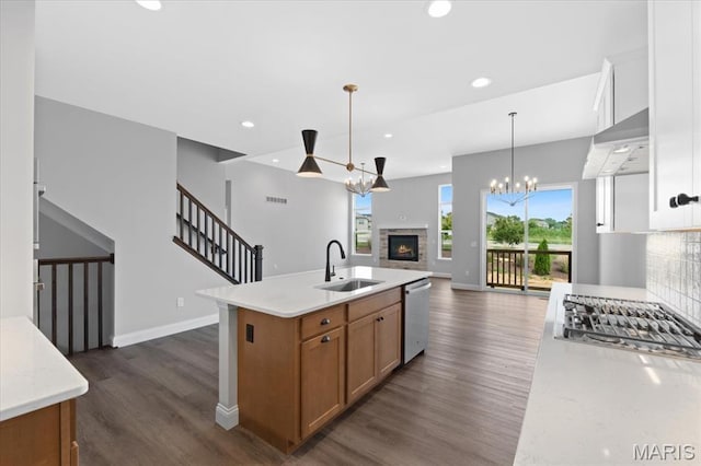 400 Thomlin Ct, Ofallon, MO 63367 - kitchen with ventilation hood, open floor plan, stainless steel appliances, dark wood-type flooring, and recessed lighting