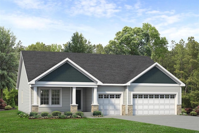 254 Randlin Dr, Ofallon, MO 63367 - craftsman house featuring stone siding, a front lawn, a garage, driveway, and covered porch