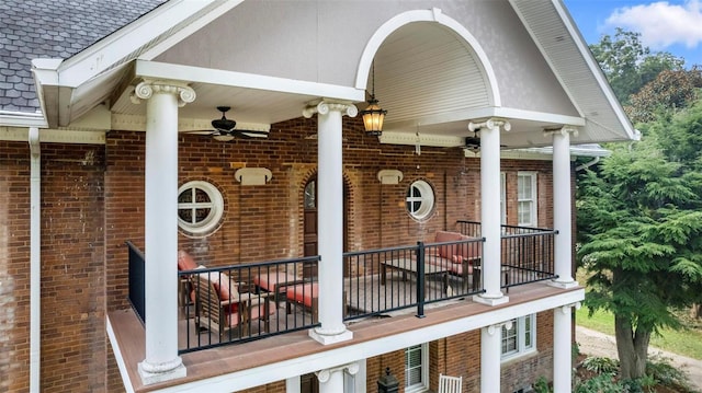 1011 N Ranney St, Sikeston, MO 63801 - doorway to property with brick siding, a ceiling fan, and a balcony
