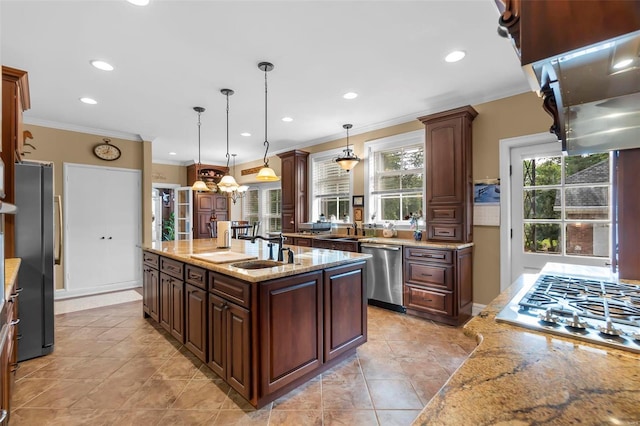1011 N Ranney St, Sikeston, MO 63801 - kitchen with appliances with stainless steel finishes, a sink, light stone counters, recessed lighting, and ornamental molding