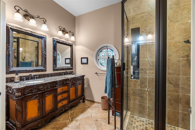 1011 N Ranney St, Sikeston, MO 63801 - bathroom featuring a shower stall, tile patterned floors, double vanity, and baseboards