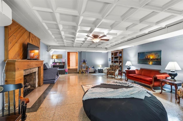 1011 N Ranney St, Sikeston, MO 63801 - living room featuring coffered ceiling, a ceiling fan, and a fireplace