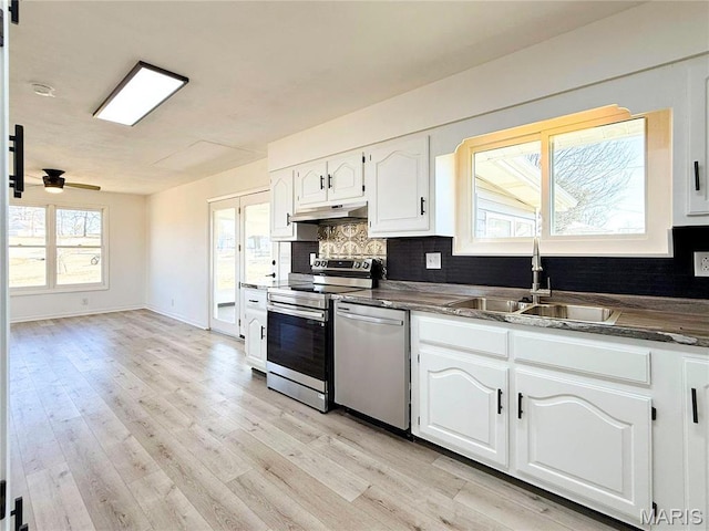 801 S Grant S, Desloge, MO 63601 - kitchen with stainless steel appliances, a sink, under cabinet range hood, decorative backsplash, and white cabinetry