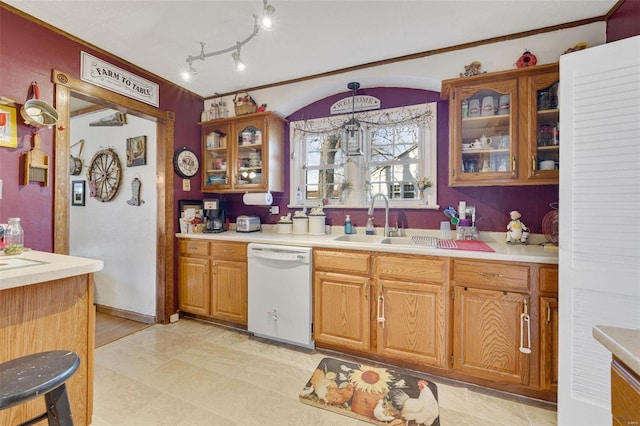 524 N St, Farmington, MO 63640 - kitchen with dishwasher, a sink, light countertops, glass insert cabinets, and brown cabinets
