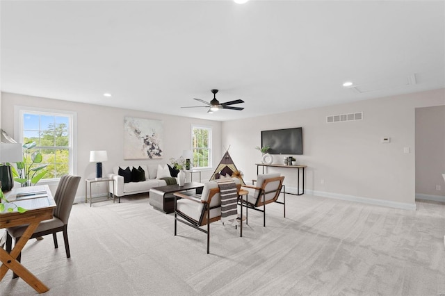 8 Briarbrook Trl, Saint Louis, MO 63131 - living room with ceiling fan, light colored carpet, recessed lighting, and baseboards