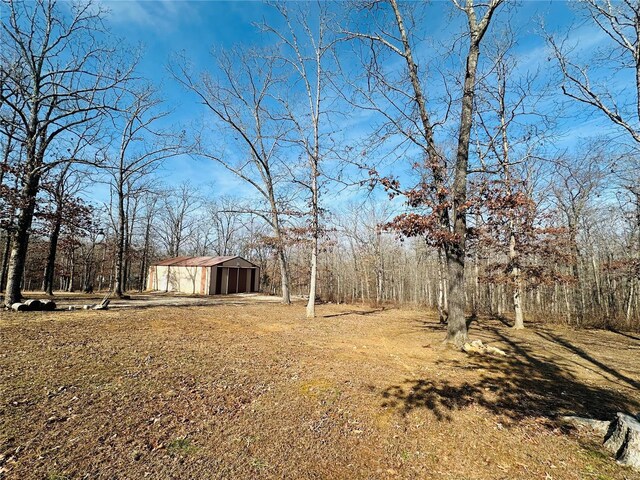 view of yard with an outbuilding, a garage, and a view of trees