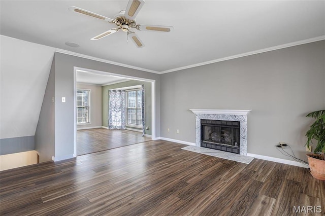 4645 Quail Run Rd, Farmington, MO 63640 - unfurnished living room featuring wood finished floors, a ceiling fan, a fireplace, baseboards, and ornamental molding