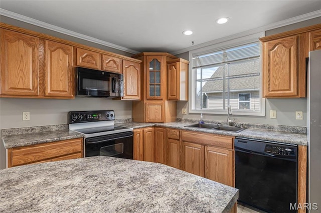 4645 Quail Run Rd, Farmington, MO 63640 - kitchen featuring black appliances, a sink, ornamental molding, glass insert cabinets, and recessed lighting