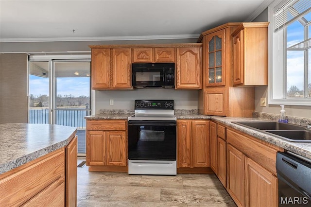 4645 Quail Run Rd, Farmington, MO 63640 - kitchen featuring black appliances, a sink, crown molding, glass insert cabinets, and stone finish flooring