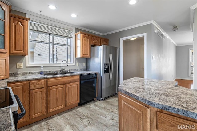 4645 Quail Run Rd, Farmington, MO 63640 - kitchen featuring black dishwasher, a sink, stainless steel refrigerator with ice dispenser, electric stove, and brown cabinets