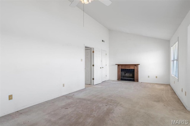 4645 Quail Run Rd, Farmington, MO 63640 - unfurnished living room with a fireplace with flush hearth, carpet flooring, high vaulted ceiling, a ceiling fan, and baseboards