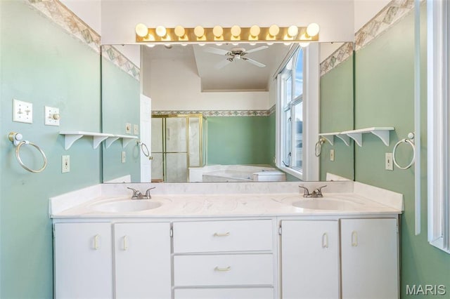 4645 Quail Run Rd, Farmington, MO 63640 - full bathroom with ceiling fan, double vanity, and a shower with door