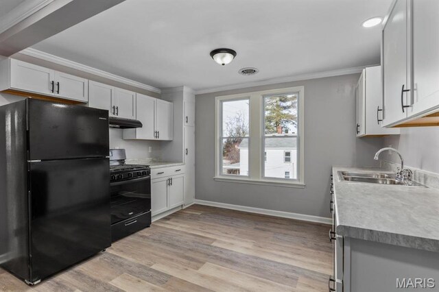 209 S Montgomery St, Gillespie, IL 62033 - kitchen with black appliances, a sink, crown molding, under cabinet range hood, and light wood-style floors