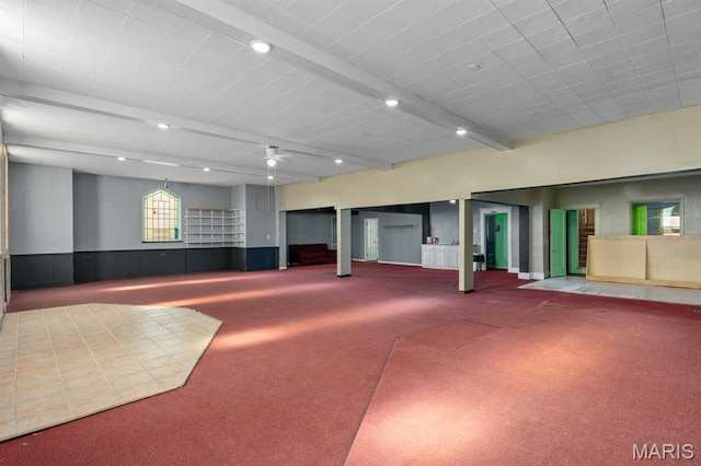 209 S Montgomery St, Gillespie, IL 62033 - basement with carpet, a wainscoted wall, a ceiling fan, and recessed lighting