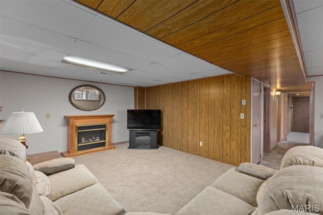807 W Miller Dr, Staunton, IL 62088 - carpeted living area with wood walls, a fireplace with raised hearth, and a paneled ceiling
