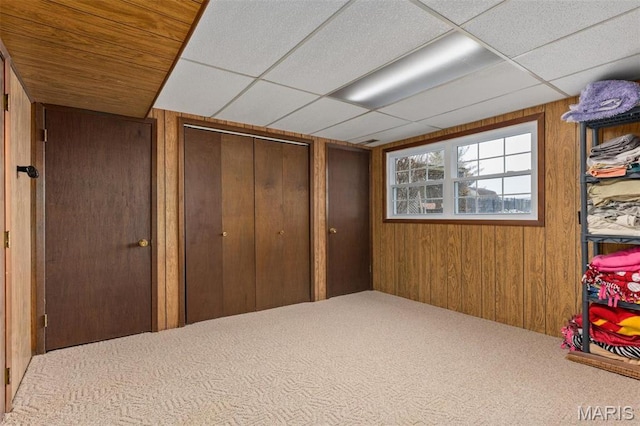 807 W Miller Dr, Staunton, IL 62088 - basement featuring carpet flooring, wooden walls, and a drop ceiling
