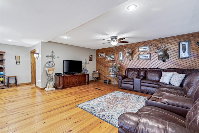 291 Deer Run Acres A, Williamsville, MO 63967 - living area with wood walls, ceiling fan, baseboards, wood-type flooring, and recessed lighting