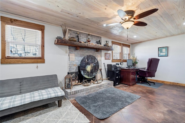 291 Deer Run Acres A, Williamsville, MO 63967 - home office with wood ceiling, ceiling fan, baseboards, finished concrete floors, and recessed lighting