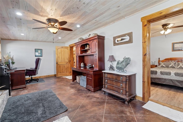 291 Deer Run Acres A, Williamsville, MO 63967 - office area featuring ceiling fan, wood ceiling, recessed lighting, concrete floors, and baseboards