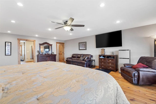 291 Deer Run Acres A, Williamsville, MO 63967 - bedroom with freestanding refrigerator, light wood finished floors, recessed lighting, and a ceiling fan