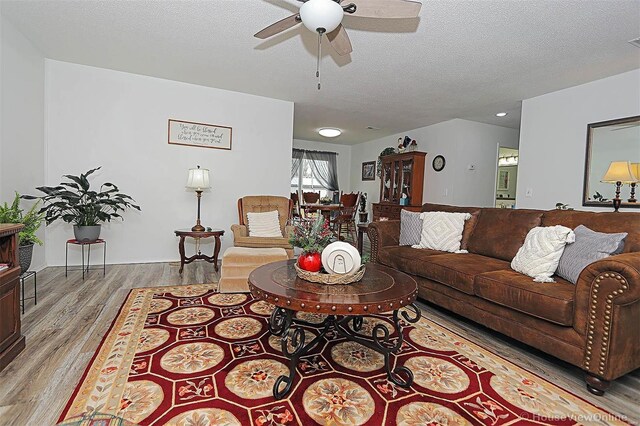 918 Susan St, Dexter, MO 63841 - living area featuring wood finished floors, a ceiling fan, and a textured ceiling