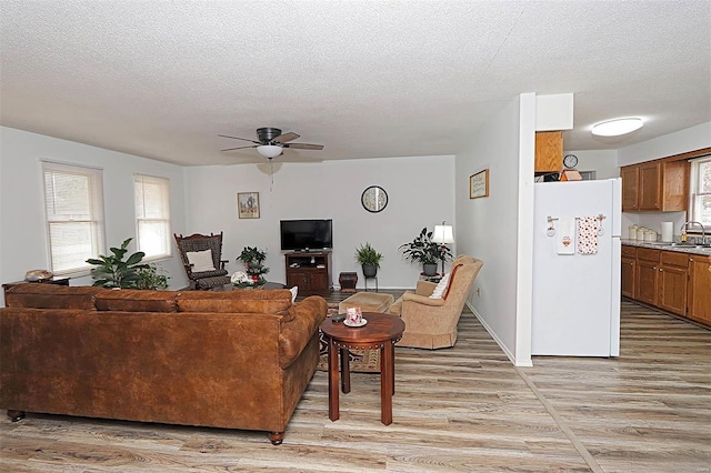 918 Susan St, Dexter, MO 63841 - living room featuring light wood-type flooring, a ceiling fan, and a textured ceiling