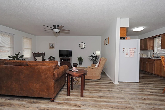 918 Susan St, Dexter, MO 63841 - living area featuring light wood-type flooring, a ceiling fan, and a textured ceiling