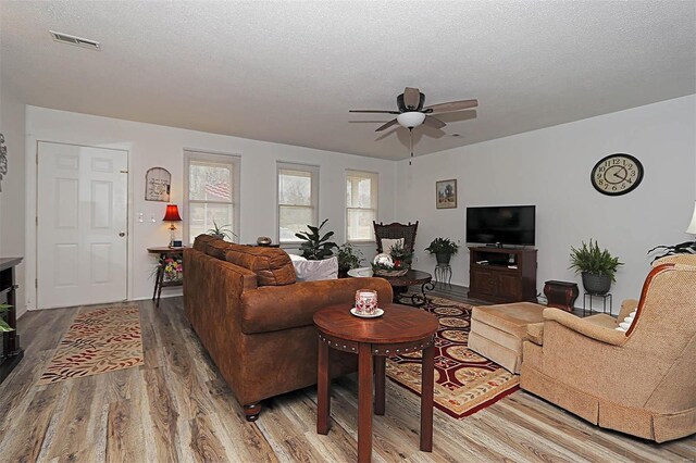 918 Susan St, Dexter, MO 63841 - living room with a ceiling fan, wood finished floors, and a textured ceiling