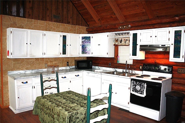 kitchen featuring white appliances, a sink, under cabinet range hood, wooden ceiling, and white cabinetry