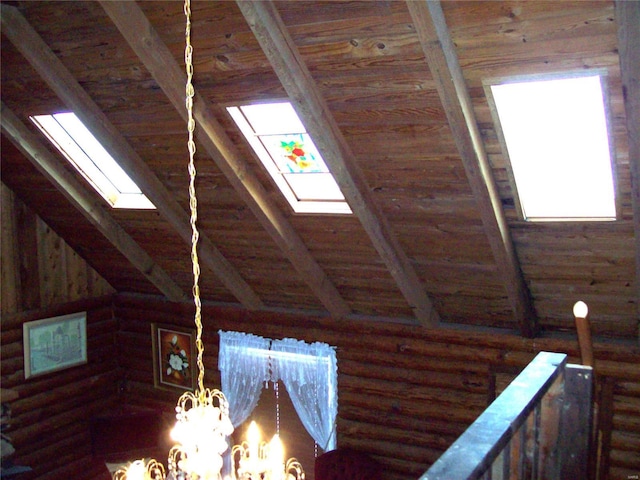 detailed view of a skylight, beam ceiling, rustic walls, a chandelier, and wood ceiling