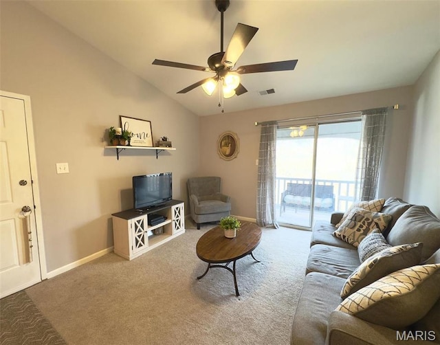 7507 Triwoods Dr Unit J, Saint Louis, MO 63119 - carpeted living room with baseboards, ceiling fan, and lofted ceiling