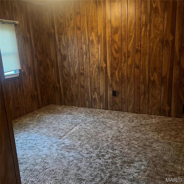 carpeted empty room with wood walls