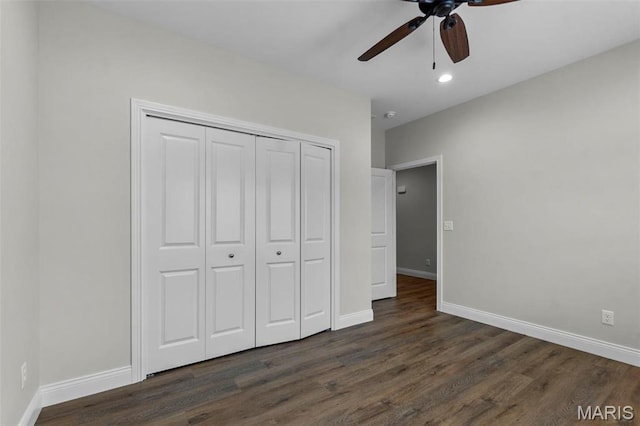 4 Creekside Way, Cape Girardeau, MO 63701 - unfurnished bedroom with dark wood-type flooring, a closet, recessed lighting, and a ceiling fan