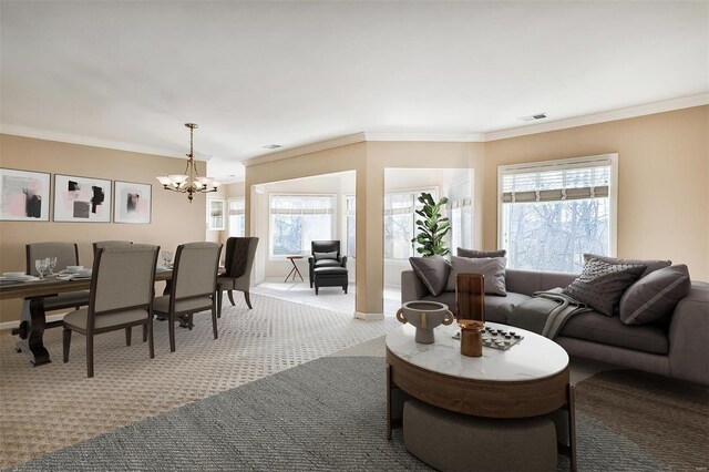 11920 Old Ballas Rd Unit 202, Saint Louis, MO 63141 - living room featuring a chandelier, plenty of natural light, crown molding, and light colored carpet